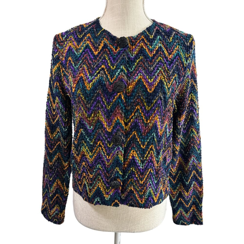 Michael Simon Cardigan Sweater Chevron Chenille Yarn Sz S Art to Wear